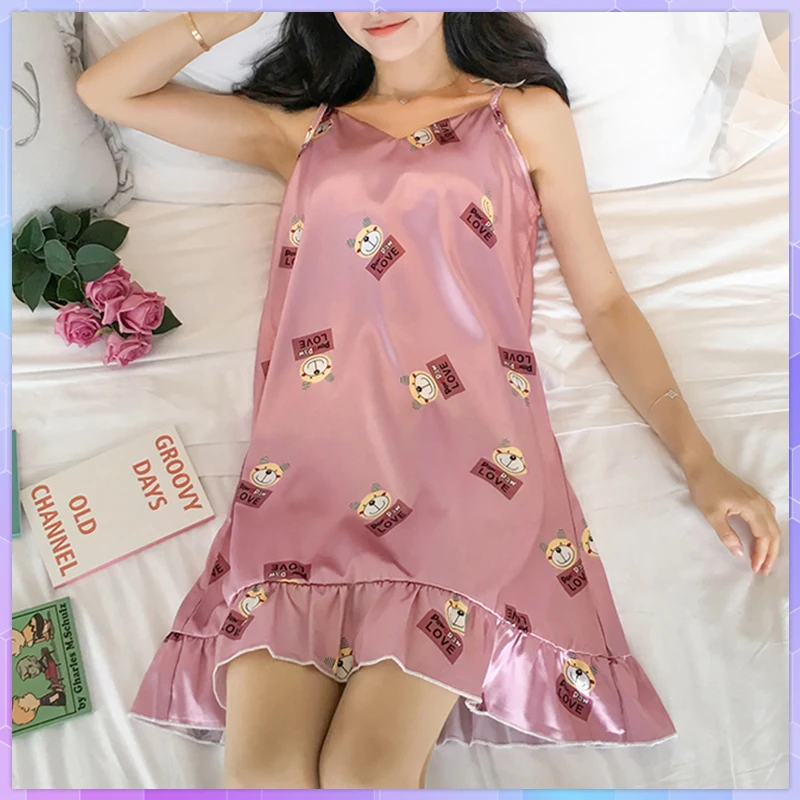 

Sexy ice silk Nightgown Lady Sexy Spaghetti Strap Night Dress Women Sweet Cute Nighties Sleeveless Sleepwear Female Nightwear