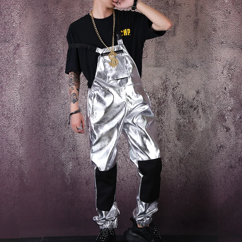 Мужские и женские модные повседневные свободные брюки на лямках сценический костюм мужские уличные хип-хоп панк серебряные кожаные