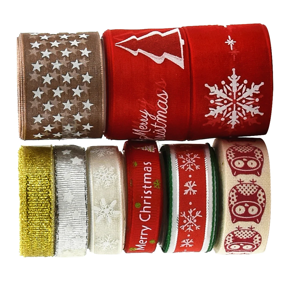 9Pcs Mixed Christmas Ribbons - Wired Satin Ribbons for Craft Projects, DIY, Decoration, Gift Wrap, 2 Yards/Roll 