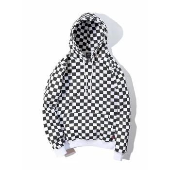 

Black and white plaid sweater for men and women hip-hop winter plus velvet thick hooded hedging all-match simple students