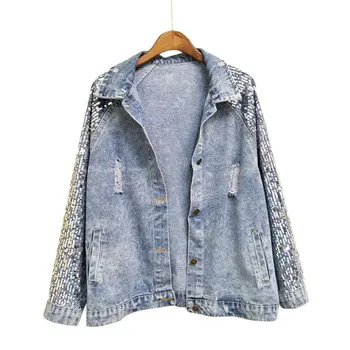 

2020 Hole Long Sleeve Jean Jacket Spring Sequin Denim Jackets Women Casual Basics Coat Women Loose Streetwear Outerwear