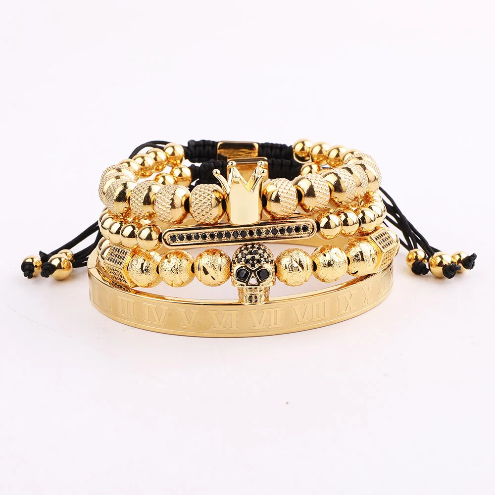 High Quality Men Jewelry Gold Stainless Steel Roman Bangle CZ Skull Charm Macrame Bracelet Set