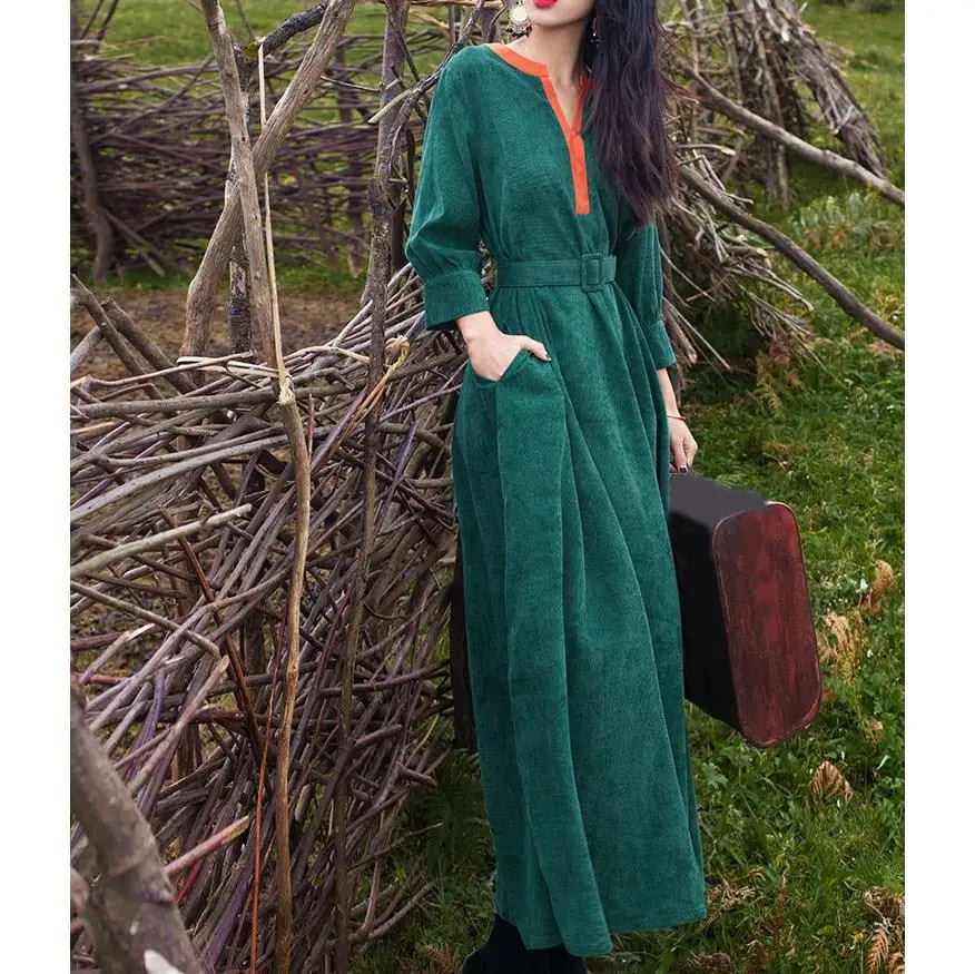 Autumn Retro Women A-Line Dress Three Quarter Sleeve Casual Corduroy Dress V-Neck Vintage Slim Long Dress