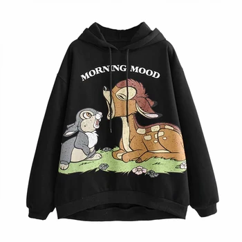 

Women Autumn 2019 Fashion Hoodies Sweatshirts Tops Hooded Pullovers Animal Print 100% Cotton Female Vintage Sweet Hoodies Tops