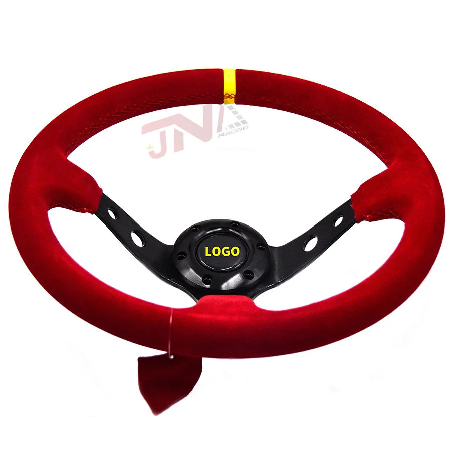 Volant sport universel en cuir suédé rouge JDM, 14 , 350mm