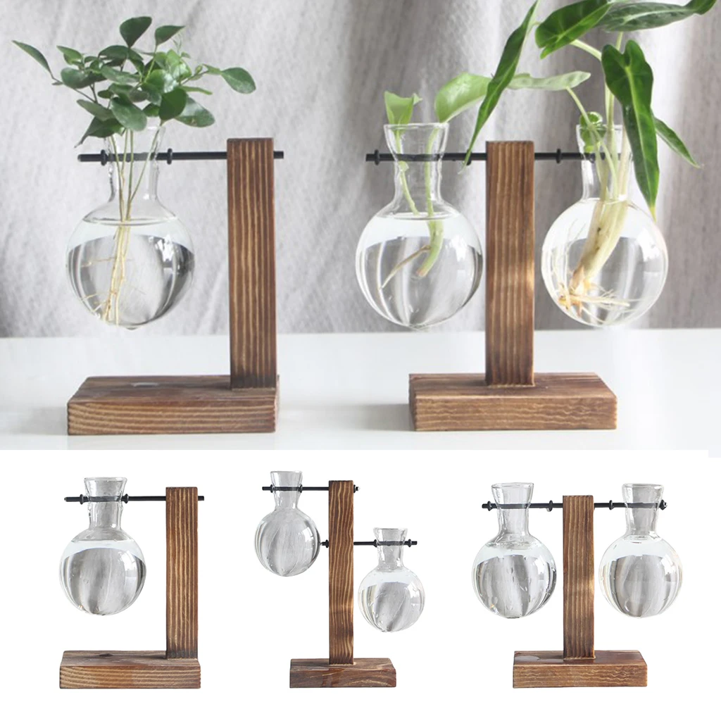 Retro Glass Flowerpot, Clear Glass Bulb Hydroponic Vase with Vintage Wooden Stand for Office Desktop Decoration