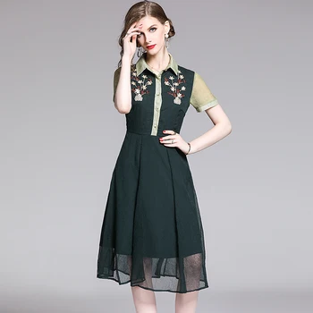 

New Fall Vintage Flower Embroidery Dresses Women Short Sleeve Office Wear Shirt Dress Elegant Chiffon Business Dress K8532