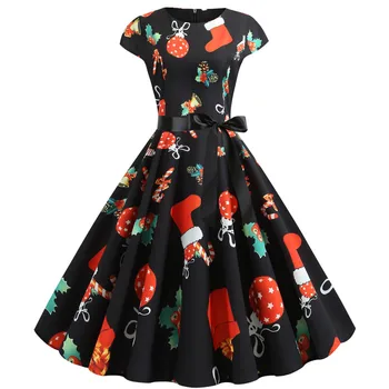 

Print Christmas stocking Vintage Dress Women short Sleeve Dress Elegant Swing Party Dresses Casual Christmas cosplay costumes