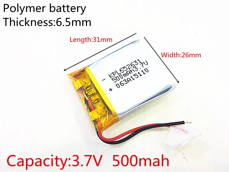 3.7V,500mAH 652631 (polymer lithium ion / Li-ion battery ) for Smart watch,GPS,mp3,mp4,cell phone,speaker