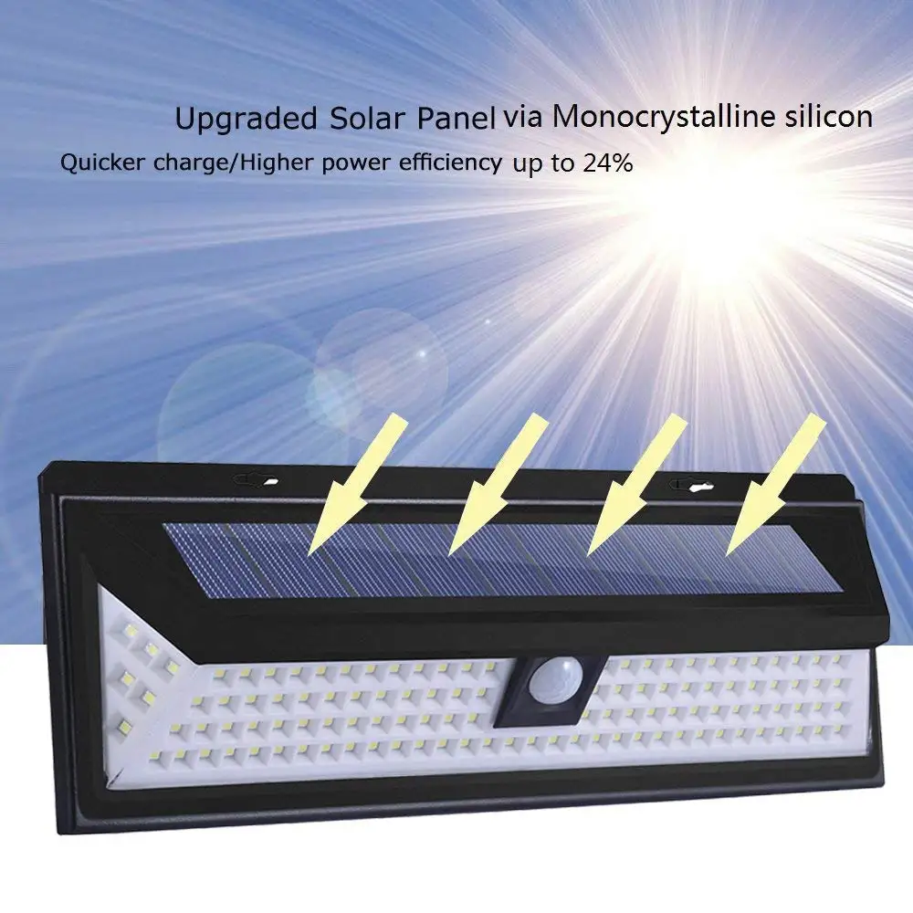 

2019 hot sell solar powered 118 LED waterproof outdoor security pir motion sensor solar garden outdoor wall light