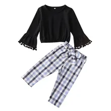 Комплект из 2 предметов для маленьких девочек, топы с оборками, клетчатые штаны, зимняя одежда