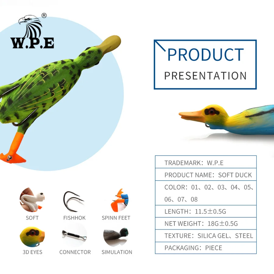 Бренд w. P. E, 1 шт., Мягкая приманка для рыбалки, утки, 18,5 г, плавающая искусственная приманка, плавающая, разбрызгивающая, для ног, лягушка, приманка