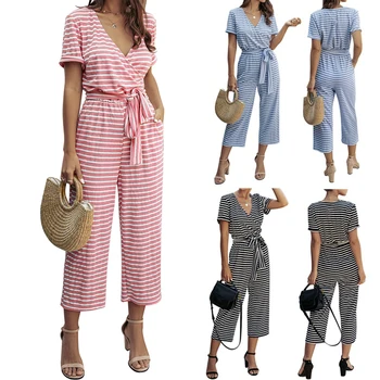 

Fashion Women Ladies Romper Short Sleeve Striped Bandage Playsuit Summer V Neck Casual Jumpsuit With Sashes