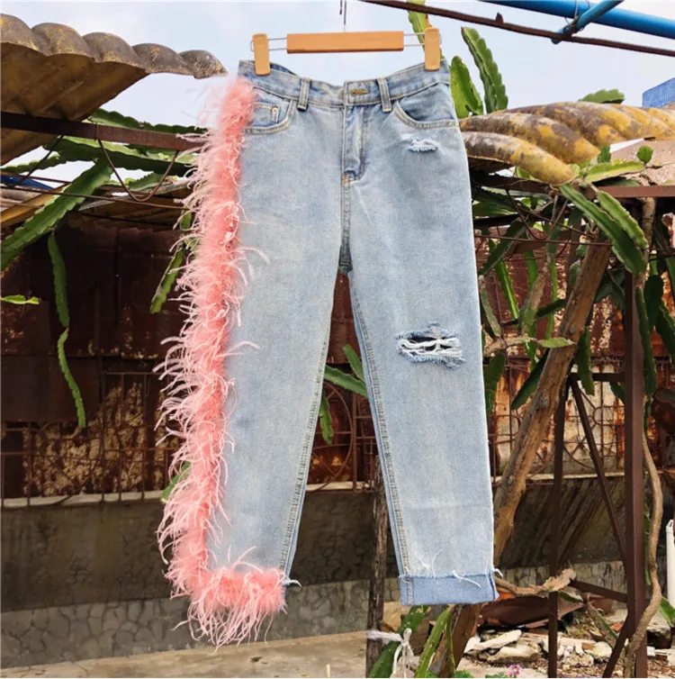 MEVGOHOT, новинка, женские розовые джинсы с перьями страуса, с выемкой, асимметричные, подчеркивающие индивидуальность, мохнатые джинсы-карандаш, высокая талия, HDB10