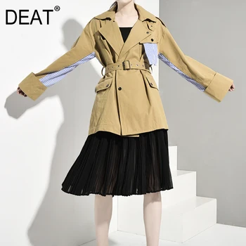 

DEAT 2020 new autumn turn-down collar full sleeves striped patchwork buttons waist belts jacket female coat WJ08504s