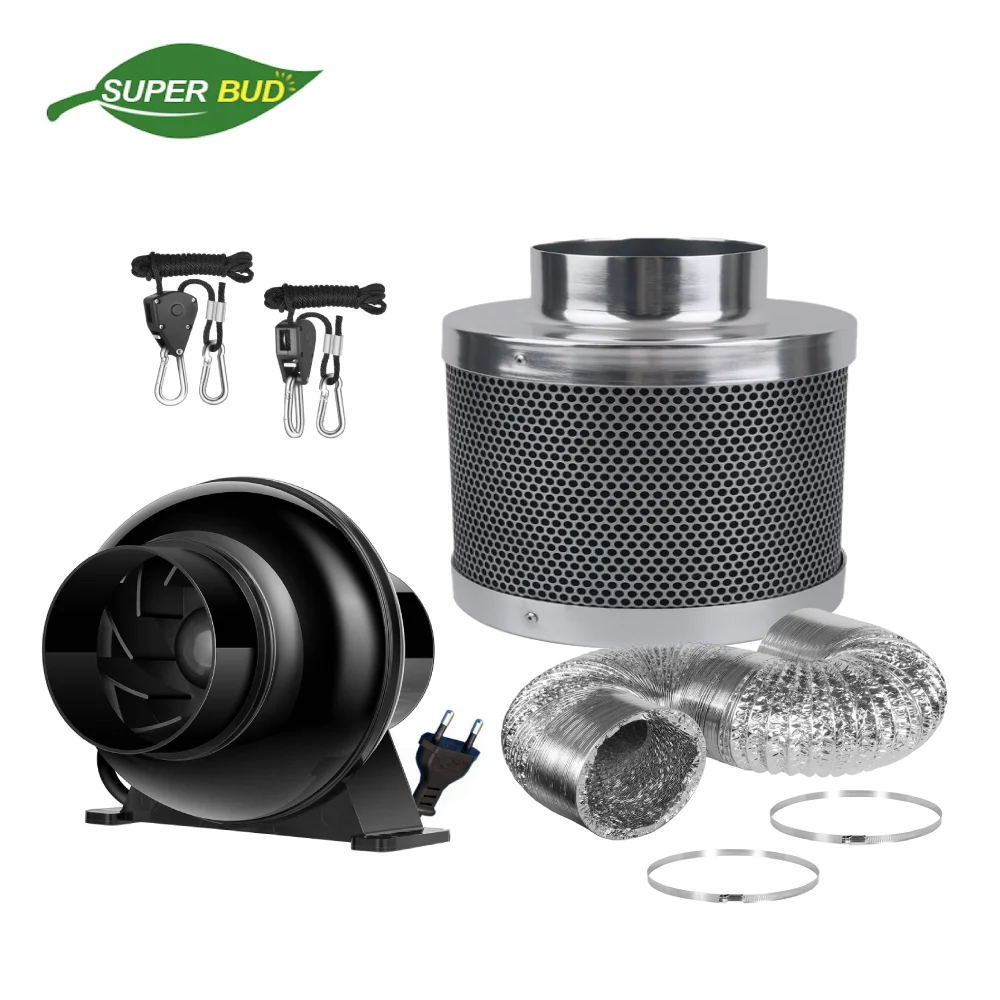 4 Inch Inline Duct Ventilation Fan Circulation Vent Blower Air Purify Carbon Filter Combo Odor Control Grow Tent Kits EU/US Plug