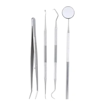

4Pcs Dental Instruments Mouth Mirror Probe Scraper Tweezers Teeth Hygiene Kit Oral Care Stainless Steel Teeth Whitening Cleaning