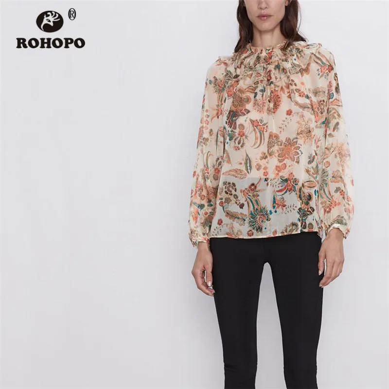 

ROHOPO Cascading Ruffled Round Collar Long Sleeve Floral Chiffon Blouse Baggy Autumn Chic Straight Pullover Toop Shirt #2249