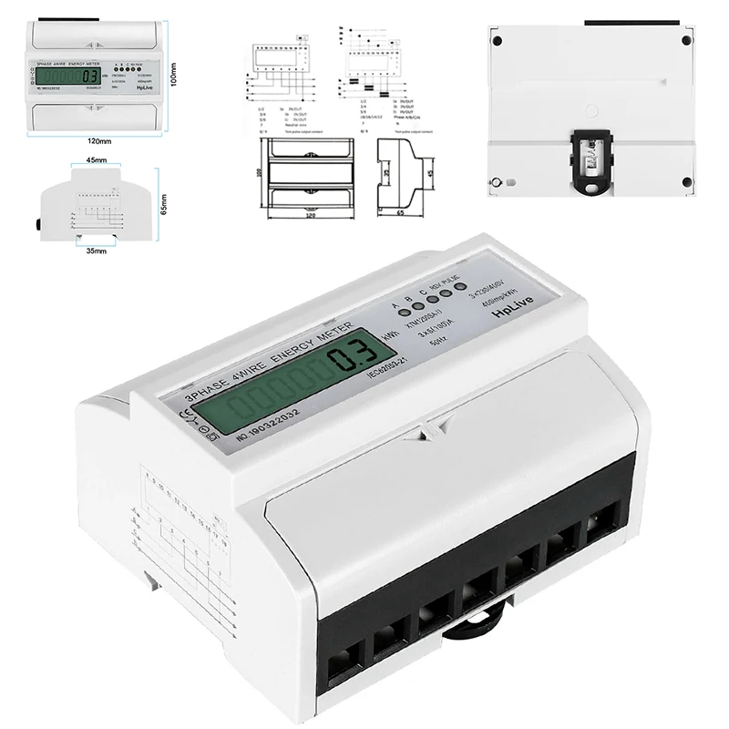 3 Phase 4 Wire Electric LCD Digital Energy Meter For DIN Rail Power Meter Watt Power Consumption Wattmeter 100*120*65mm