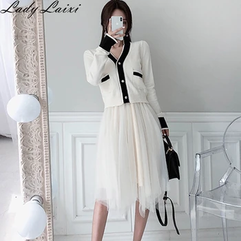 

2019 Autumn Women 2 Pieces Set Contrast Color Knitted Cardigan Sweaters + Irreular Spaghetti strap Patchwork Mesh Dress