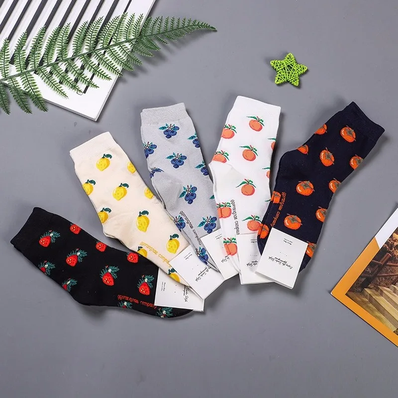 Однотонные носки с фруктовым принтом, клубника, лимон, помидоры, черника, апельсин, милые забавные мультяшные женские хлопковые носки, спортивные повседневные носки