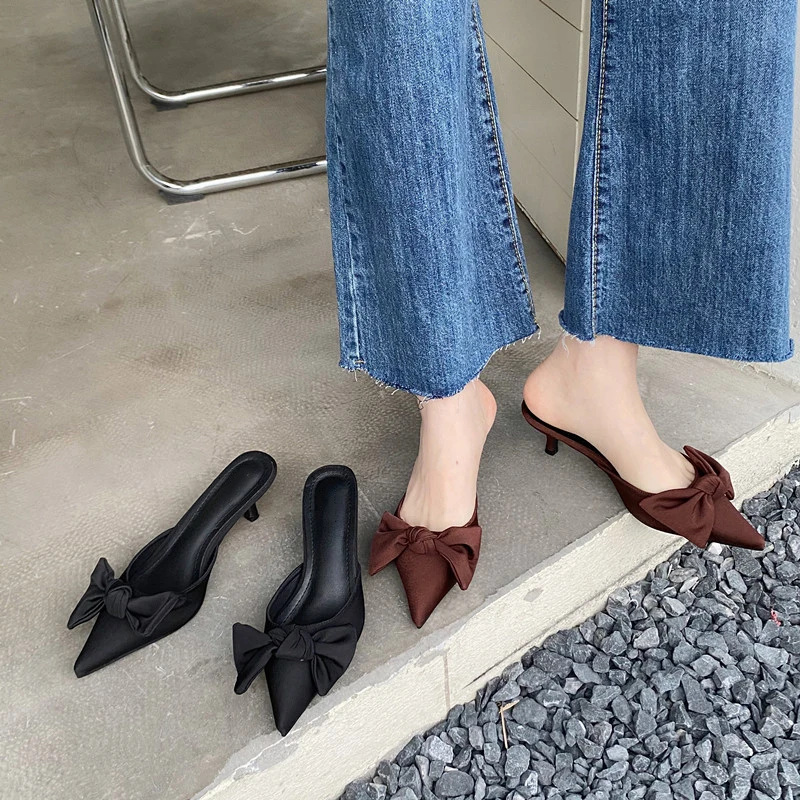 Zapatos de tacón fino para mujer, Mules a la moda con punta puntiaguda,  zapatillas con lazo, deslizantes elegantes, novedad de 2022|Zapatos de  tacón de mujer| - AliExpress