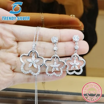 

complete pure 925 sterling silver zirconia clear CZ luxury jewelry set ring earrings for woman pendant necklace trendy design
