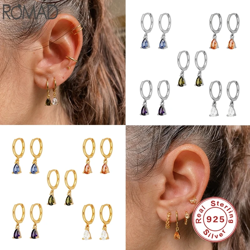 

Romad 100% 925 Sterling Silver Huggie Earrings Shiny Colorful CZ Rainbow Waterdrop Earrings For Women Fine Jewelry pendientes W5