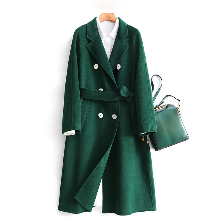 

Women's green woolen coat 2019 autumn and winter new water ripple double-sided cashmere wool coat female long section