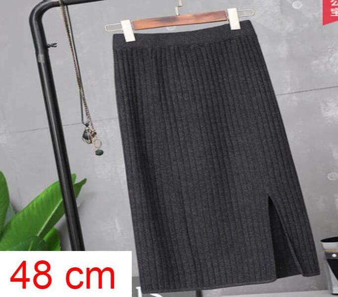 gray 48cm Женский свитер, юбка-карандаш, трикотажная юбка миди, высокая талия, женская зимняя юбка с разрезом, Женская офисная юбка, винтажная Женская юбка - Цвет: gray 48cm