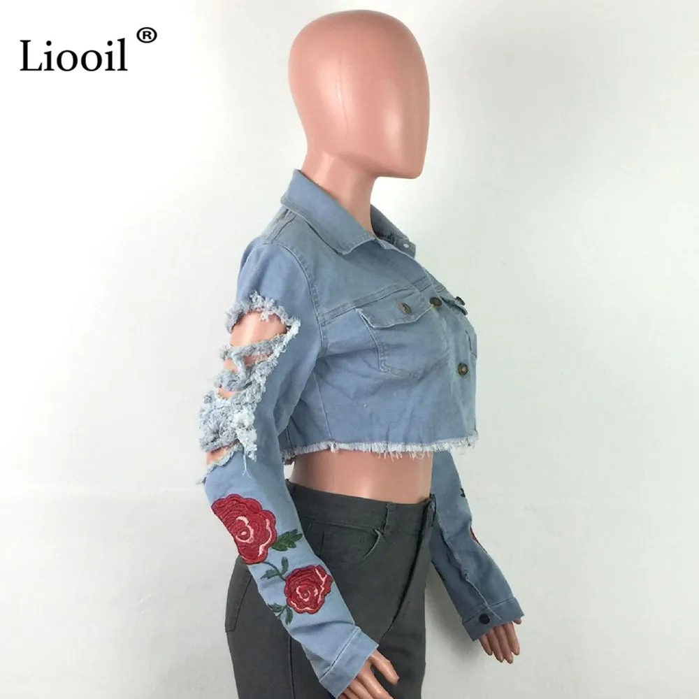 Liooil, сексуальное Синее Короткое джинсовое пальто с вышивкой, Женская мода, с вырезами, длинным рукавом, пуговицами, кисточками, Повседневная джинсовая куртка, верхняя одежда