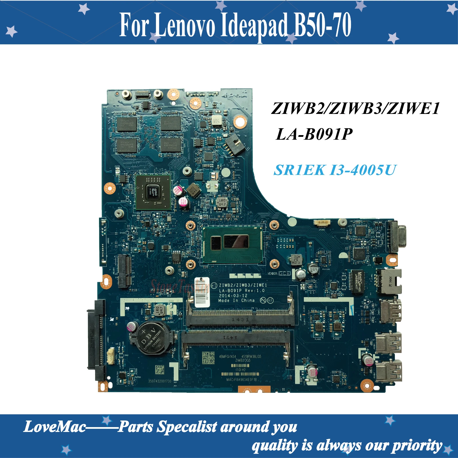 Высококачественная материнская плата ZIWB2/ZIWB3/ZIWE1 LA-B091P для Lenovo Ideapad B50-70 SR1EK I3-4005U 100%