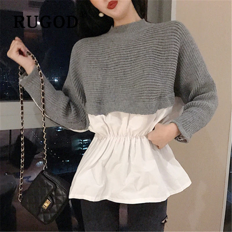 

RUGOD Elegant patchwork knitted women sweater Fashion round neck batwing sleeve college tops Auturm casual ruffles lady clothes