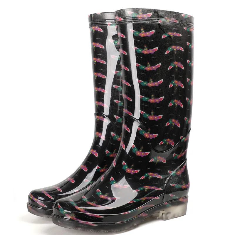 Flower Pvc Rain Boots Women High Waterproof Water Shoes Thick Heel Autumn New Female Casual Rainboots for Rain for Women