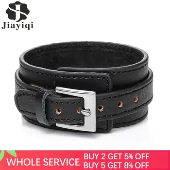 

Jiayiqi 2017 Punk Genuine Leather Bracelet Men Vintage Wide Cuff Bangles Adjustable Buckle Wristband Male Jewelry Black & Brown