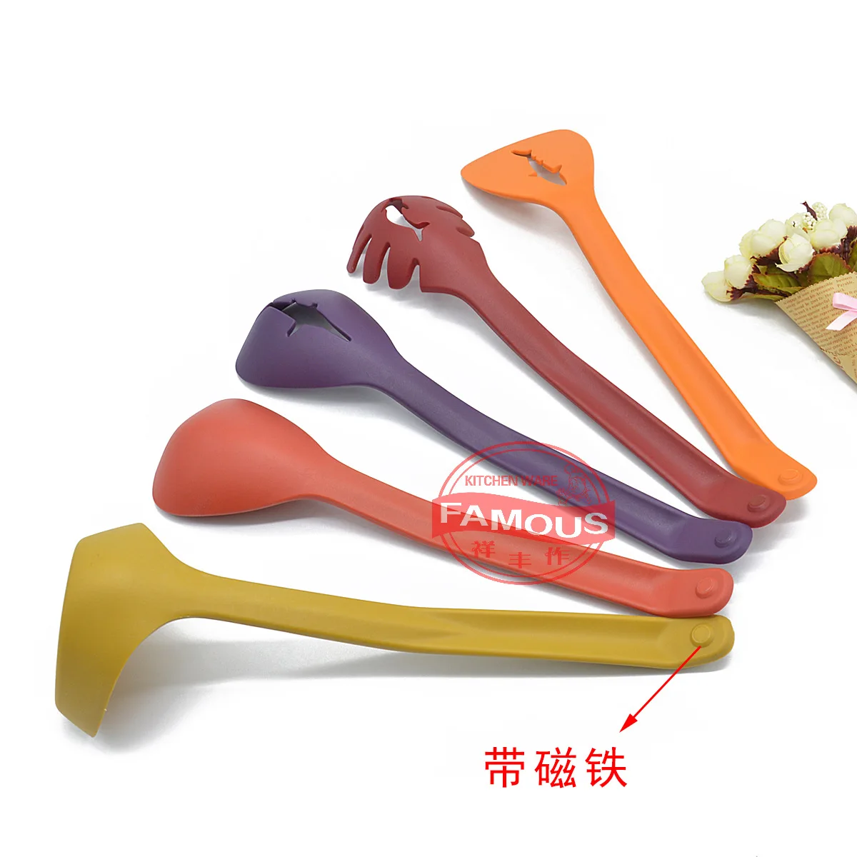 

Creative Color Nylon Kitchenware 5-Piece Set With Magnetic Spatula Ladel Spaghetti Server Kitchen Cooking Tool