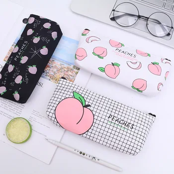 

1PC Cute Peaches Canvas School Pencil Cases Stationery Pencil Bag Girls PencilCase For School