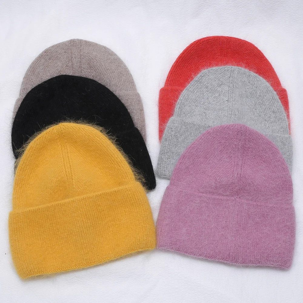 2022 Winter Hat For Women Solid Color Real Rabbit Fur Beanies For Woman cashmere Soft Knit Bonnet Female Warm Skullies Beanies