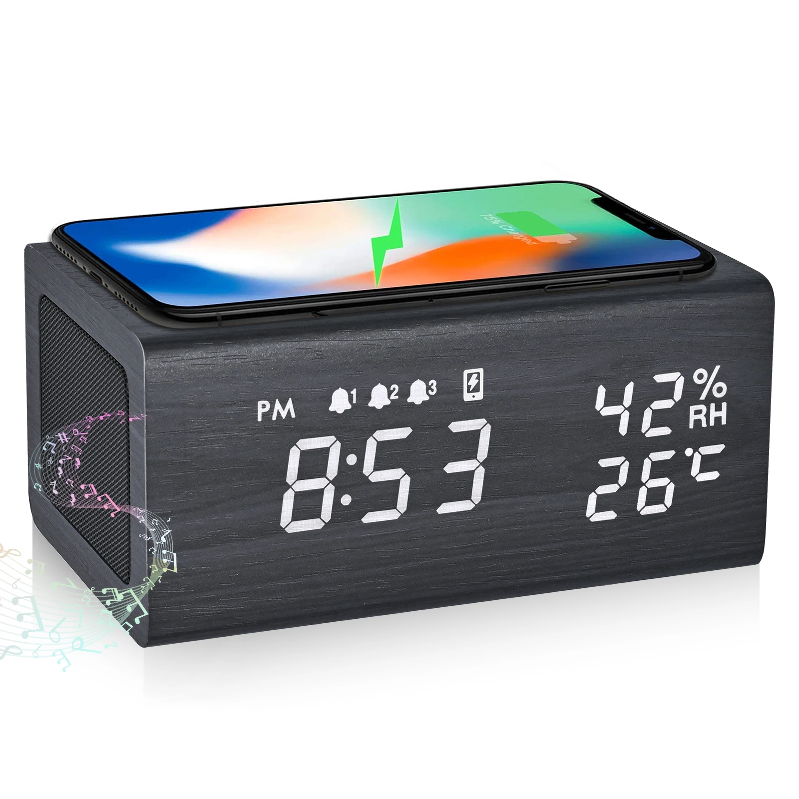 JINSUN Digital Alarm Clock Bluetooth Speaker with Wireless Charger