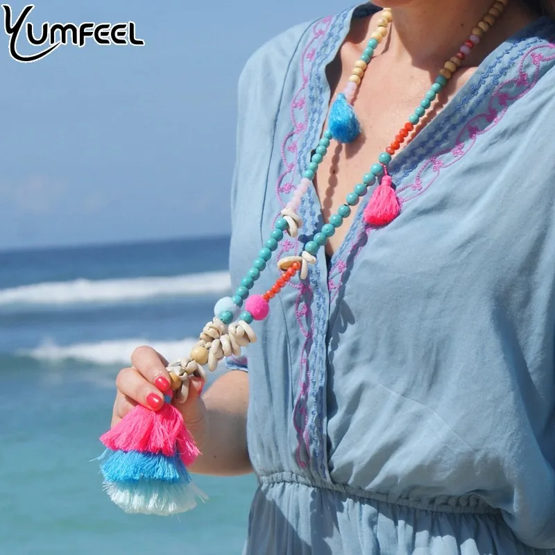 Yumfeel Брендовое Новое Женское Ожерелье с кисточками ручной работы деревянные