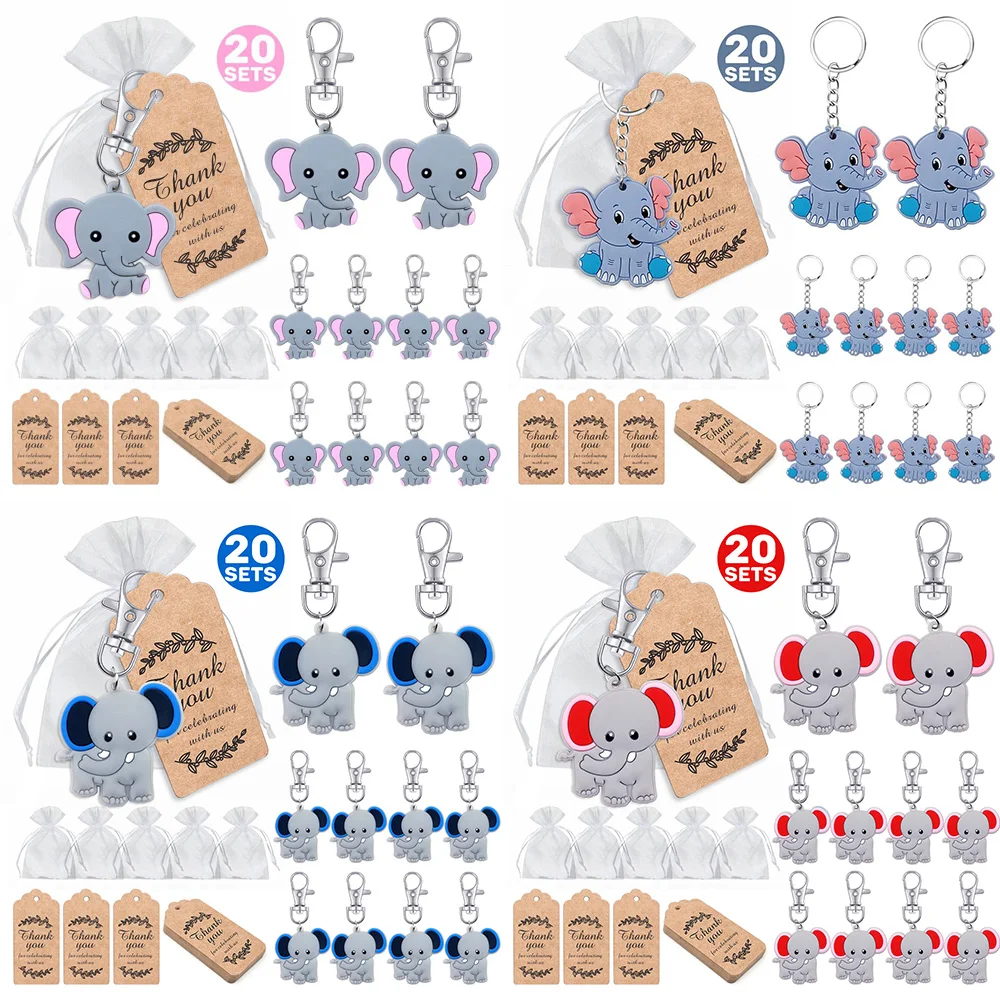 

A set of 20 baby welcome party return gifts, pink baby elephant key chain + organza bag + thanks kraft paper label for elephant