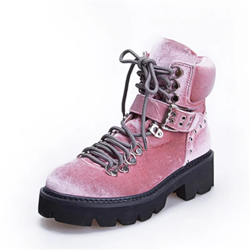 MORAZORA/Новинка года; брендовые модные повседневные женские ботинки; ботильоны на платформе и среднем каблуке с круглым носком; простая обувь на шнуровке с пряжкой; сезон осень-зима - Цвет: Розовый