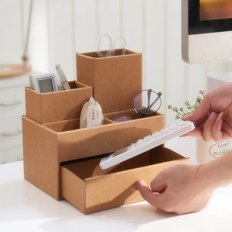 

Waterproof Kraft Cardboard Pen Holders Multifunctional Combine Desk Storage Box Penholder School Office Stationery Supplies