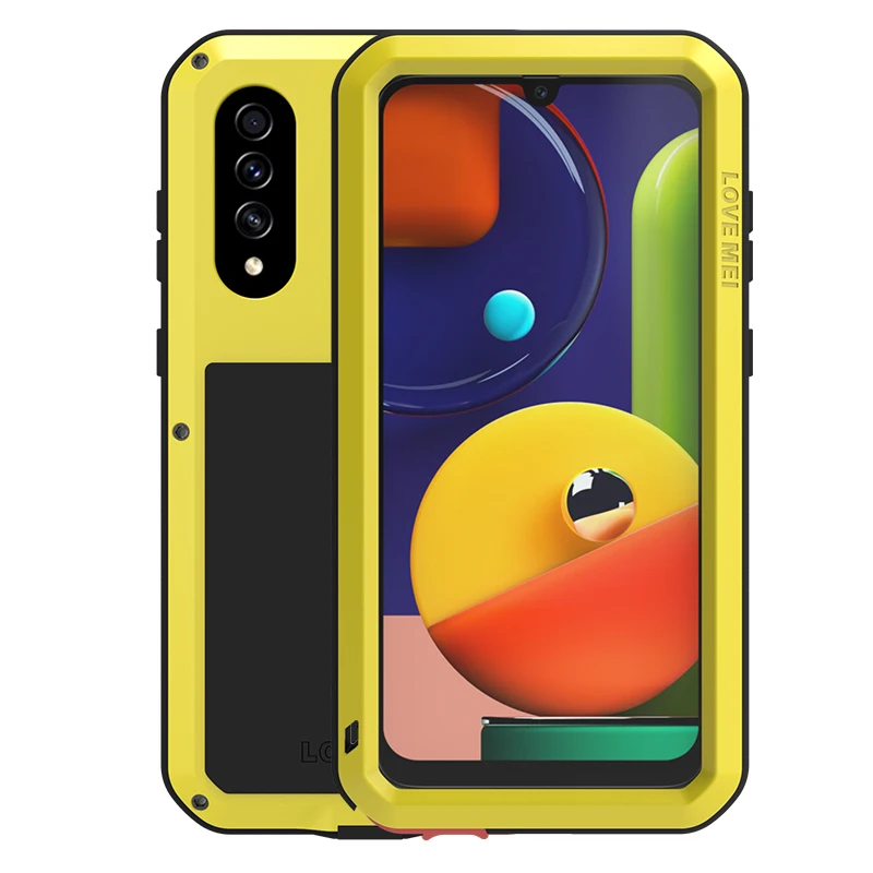 Цвет: желтый Мощный противоударный чехол LOVE MEI для samsung Galaxy A50S A507 A507F, сверхпрочный чехол, силиконовый металлический чехол, закаленное стекло - Цвет: Цвет: желтый