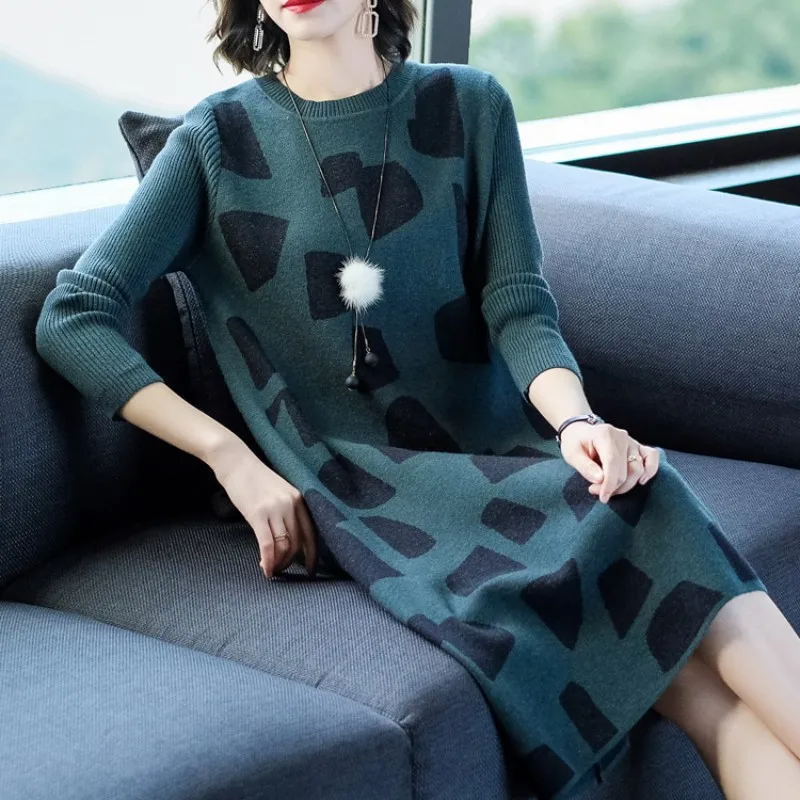 Новинка корейское осенне-зимнее платье-свитер, элегантное женское платье с длинными рукавами и круглым вырезом, Полосатое трикотажное длинное платье, высокое эластичное кружевное плотное теплое женское платье, vestidos - Цвет: Зеленый