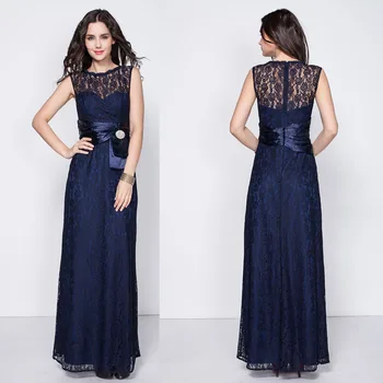

Navy Blue Lace Evening Dresses Party Gowns Long Women Formal Dress Sleeveless With Crystals Real Photos