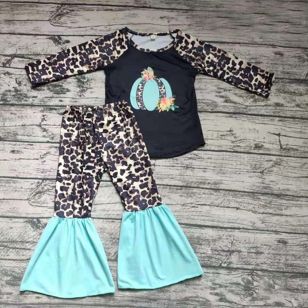 

Kids Baby girls black shirt raglan blue pumpkin shirt bell bottom pants popular fall outfits clothing sets