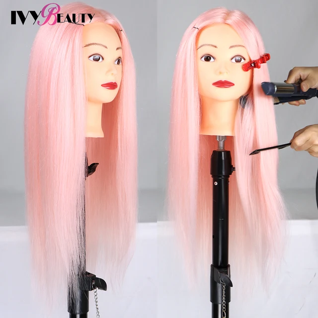 Female Mannequin Training Head And Stand For Hairdressers Hairstyles 85% Human Hair Training Head For Braid Hairdressing Head Pink Doll Head