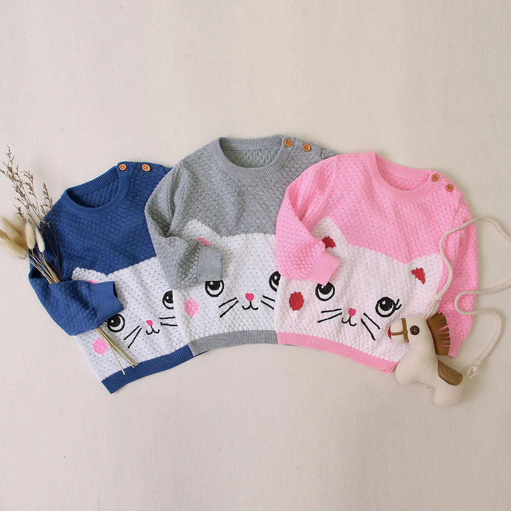 Зимние вязаные топы для маленьких девочек; теплый вязаный свитер с капюшоном и рисунком кота; теплый базовый свитер; зимняя одежда для отдыха для малышей
