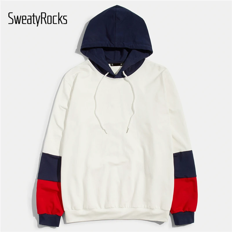 

SweatyRocks Men Color Block Drawstring Hoodie Streetwear Long Sleeve Hoodies 2019 Fall Casual Hooded Sweatshirt